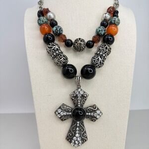 Chunky Multi Strand Beaded Cross Pendant Necklace Rhinestone Statement